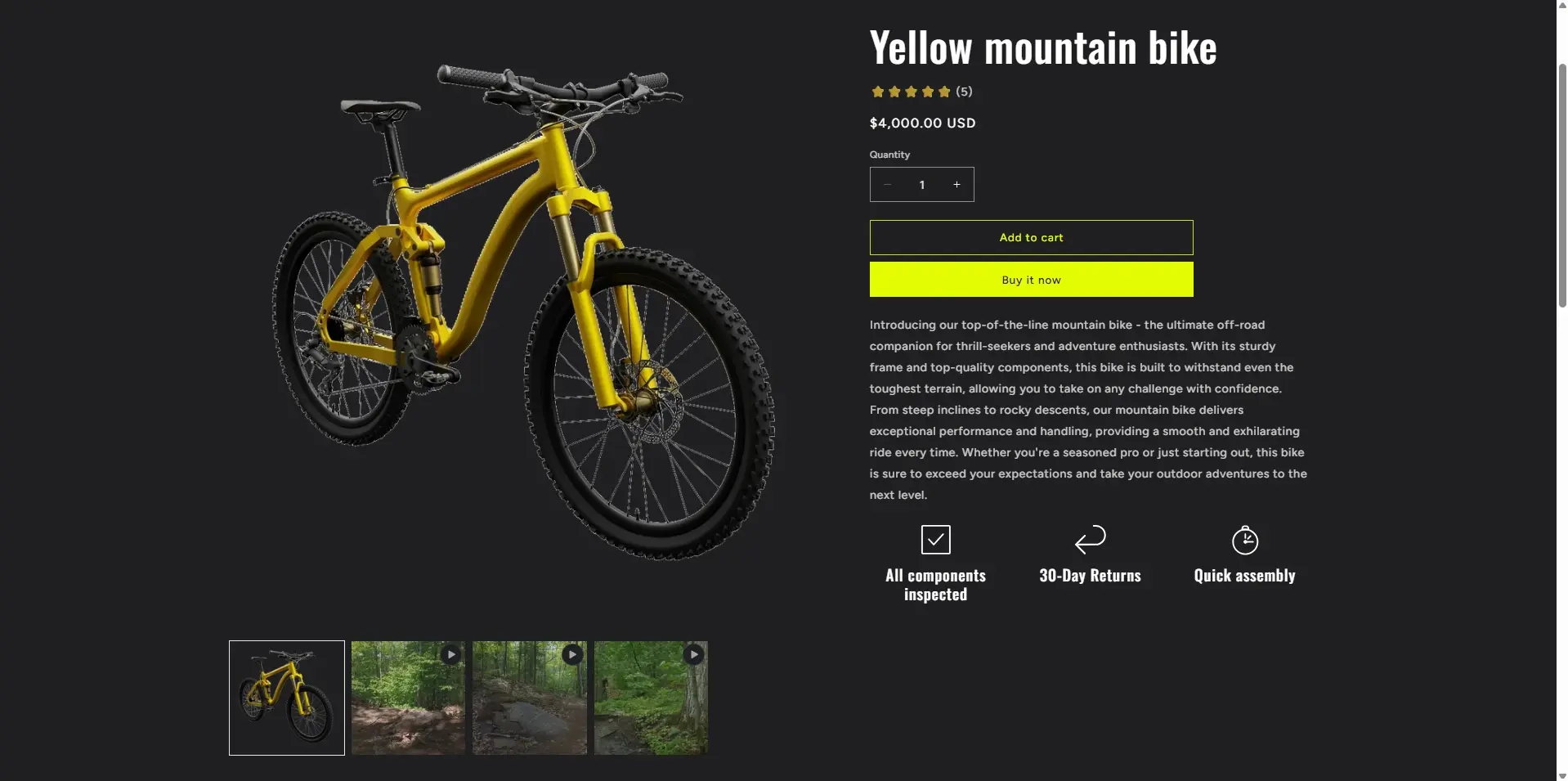 Product page showing a yellow bike