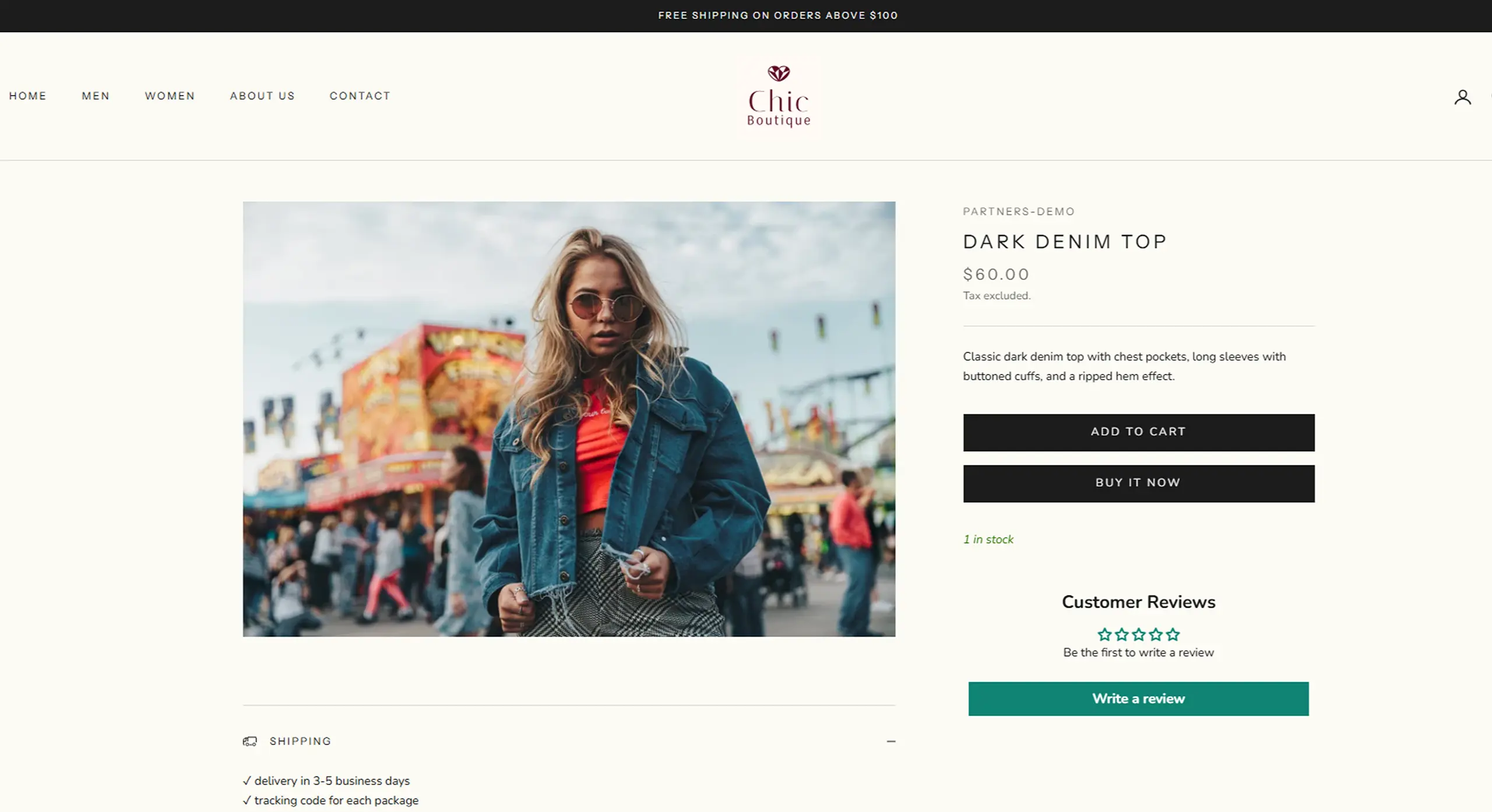 Product page showing female dark denim top