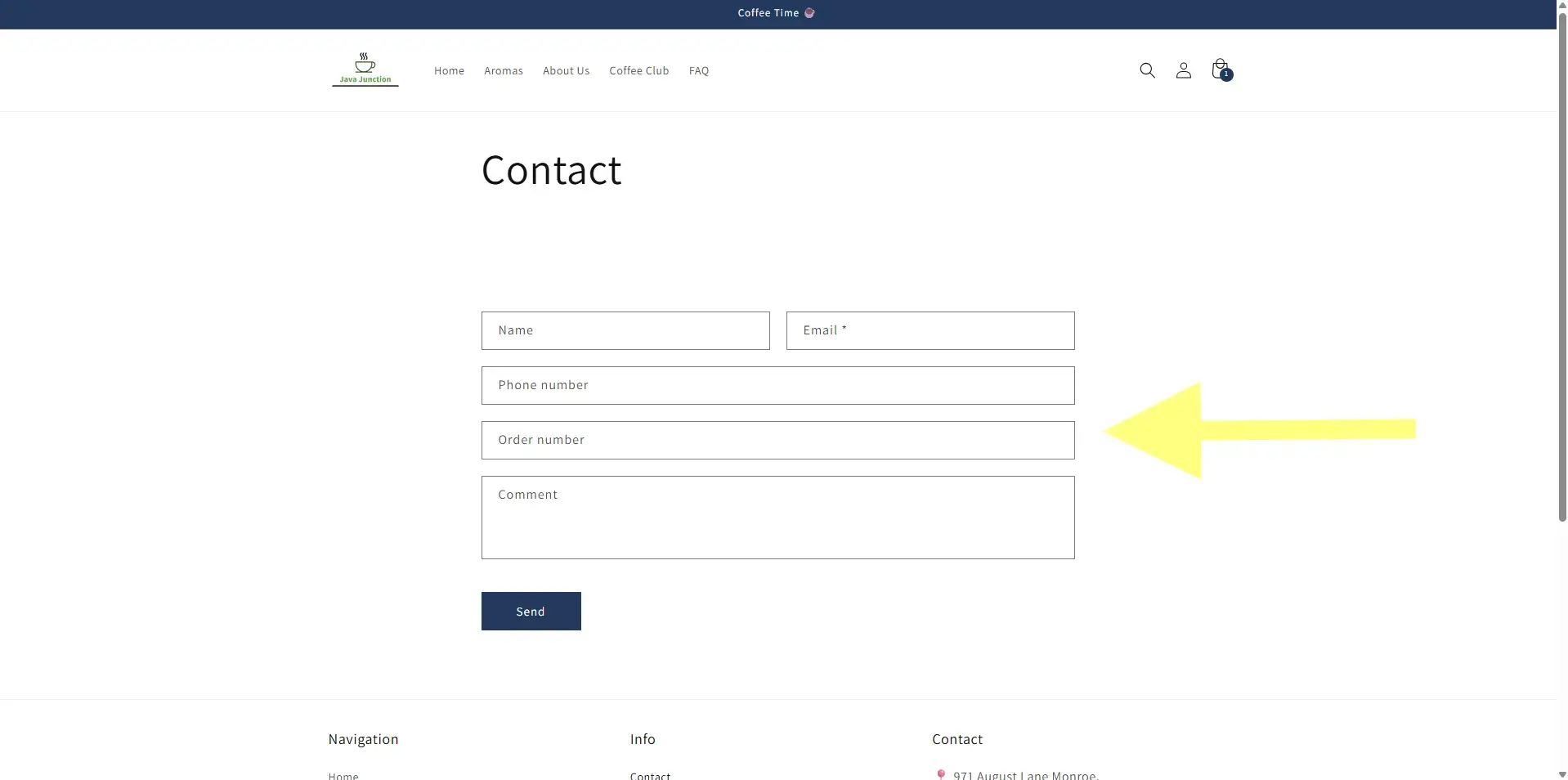 Contact page with an arrow pointing to 'Order Number' input field